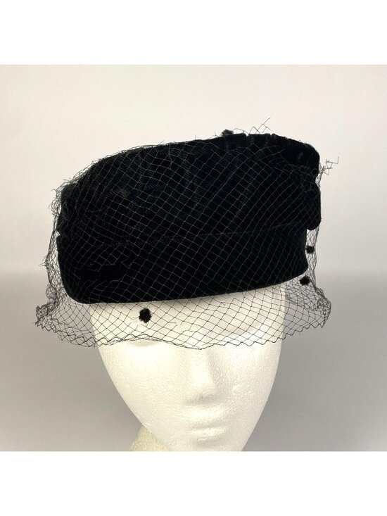 Vintage Black Velvet Pillbox Hat Face Veil with Dot Accents Union Label
